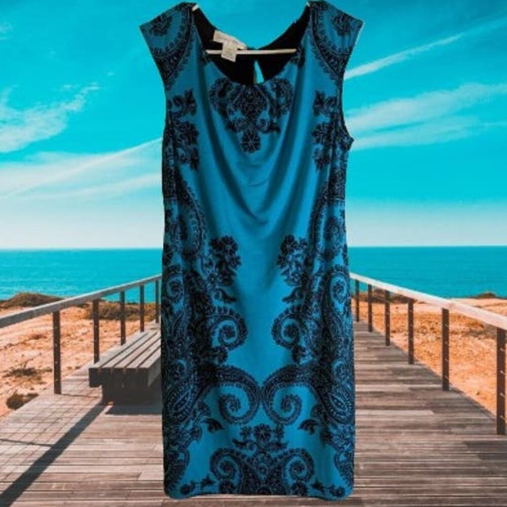 Studio London Times 6 sleeveless turquoise black polyester blend stretch dress